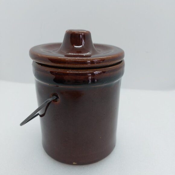Vintage Brown Glazed Cheese / Butter Crock With Lid & Latch Stoneware - Picture 2 of 15